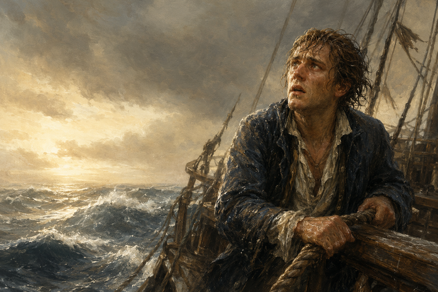 John Newton bám vào thành tàu giữa cơn bão trên Đại Tây Dương